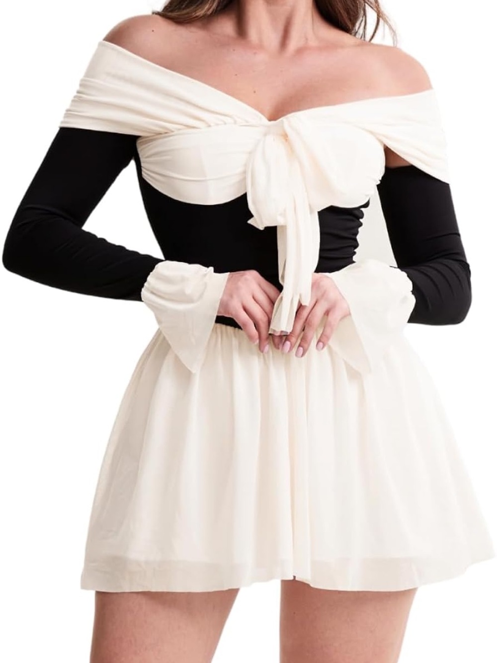 Off-Shoulder Black & White Tie-Front Mini Dress - Size M